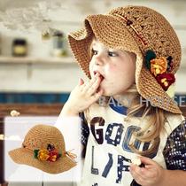 MIKI Childrens straw hat Hand Hook Flower Embroidery Small Bear Flowers Pineal Cap Girl Beach Fisherman Hat Basin Cap
