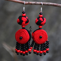 Yunnan ethnic original ethnic style jewelry 925 pure silver ear hook fabric long double tassel peach blossom earrings