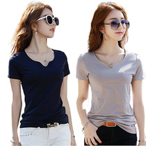 White large neckline t-shirt womens short-sleeved inner tie base shirt Cotton T-shirt short section stacked slim sexy low-collar blood