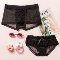 Transparent mesh underwear women breifs couple underwear lace edge sexy hot mens boxer pants low waist thin