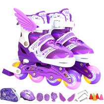 Four-wheeled skating shoes Childrens womens purple all-flash left-flow walking skates adjustable 3 baby 4-wheeled skating shoes 6-10 years old