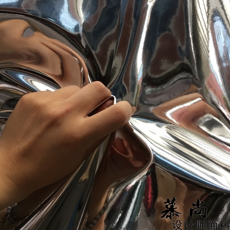 Fabric Artificial leather coated Mirror bright mirror fabric Designer Soft bright silver metallic knitted pu