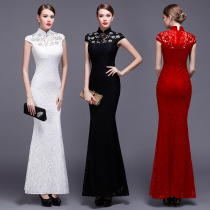 Fish tail slim thin lace shoulder sleeve beaded long red and white etiquette catwalk high-end cheongsam skirt luxury
