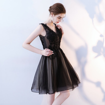 Party evening dress Korean party party short V collar backless temperament Black birthday dress