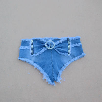 性感夜店钢管舞ds演出服超短女裤烫钻蝴蝶结超低腰三角牛仔短裤子_7折