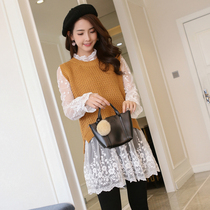 Mesh bottom skirt perspective collar spring and autumn winter women's long sleeve long fairy high waist sweet lace dress