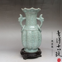 Jingdezhen antique porcelain open piece crack double beast ear bottle flower mouth bottle Old porcelain home decoration craft ornaments