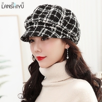 Lan Shi rain hat female autumn and winter beret wild cap female plaid octagonal hat winter British Beret