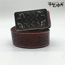 Grassland style Mongolian element belt head layer scalper leather carving belt Personality national style pattern pants belt plate buckle head