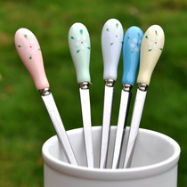 Buy 2 get 1 creative milk tea spoon seasoning mixing spoon coffee spoon spoon stainless steel long handle ceramic handle small spoon