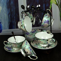 Ceramic European-style coffee cup English afternoon tea cup Creative 6-piece bone China pastoral coffee set with shelf set