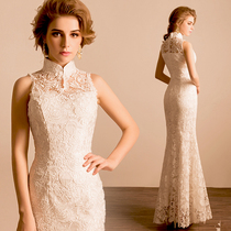 Lace neck backless fishtail bride white cheongsam dress wedding dinner annual toast clothing wholesale 1399