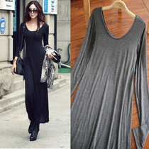 2014 European and American modal long sleeve dress solid color double U-neck fashion long dress slim slim one-piece dress