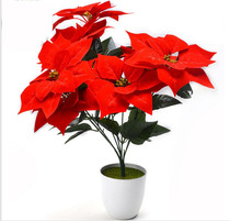 Simulation flower silk flower fake flower green rose red palm Christmas flower Poinsettia decoration potted 7 flowers