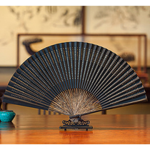 Hangzhou Wang Xingji Thousand CHARACTERS 30CM full brown real gold black paper calligraphy fan Folding fan collection fan