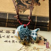 Hand-painted original jewelry retro wind small fish Bell necklace Jingdezhen ceramic womens ethnic style