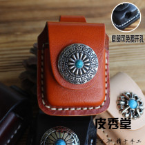 Pi Xiutang substitute zippo lighter leather case imported tanning head layer cowhide handmade turquoise buckle fire Machine cover
