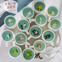 Creative ceramic mug with lid spoon water cup milk coffee cup cartoon stereo animal Cup personalized custom gift