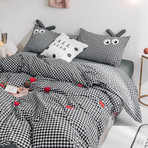 ins Nordic simple fashion black and white grid bedding set Cotton washed cotton three-dimensional rabbit ears four-piece set