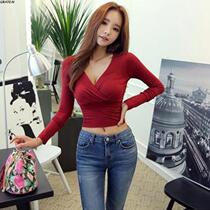 Sexy V Neck Cross low chest high waist short open navel care machine bitch top women long sleeve T-shirt Slim Base shirt Spring