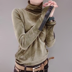 欧洲站2017春秋韩版长袖T恤时尚上衣高领短款金丝绒打底衫