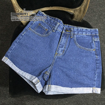 Europe station 2019 Summer new high waist denim shorts female curled jeans blue loose display slim A-shaped wide foot