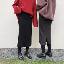 EKOOL thick split knitted skirt hip skirt one-step dress long autumn and winter dress womens wool skirt