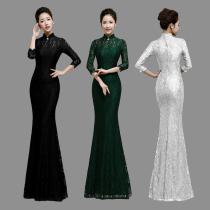 Olai Lan Kwai Fong long stretch cheongsam stand-up collar Lace mid-sleeve hip-wrap slim fishtail wedding evening dress 20 new