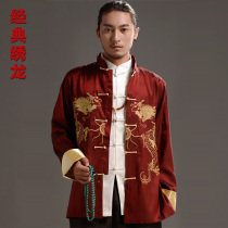 High-grade embroidery double dragon play beads brocade Tang dress mens autumn and winter jacket jacket collar Chinese style turn-over sleeve Tang dress