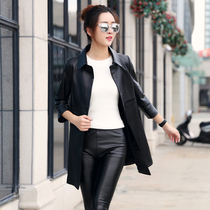 2019 spring and autumn new Haining leather leather womens mid-length fashion sheepskin windbreaker jacket removable collar