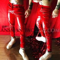 2018 Bar nightclub male singer DJ DS GOGO red stretch patent leather slim imitation leather pants costume