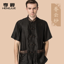 Xiangyun yarn silk Tang suit mens short sleeve ethnic wind buckle middle-aged and elderly fathers mulberry silk mens coat summer