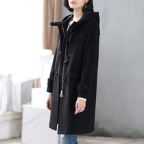 Horn buckle coat womens long 2021 autumn and winter New Korean student hooded woolen coat womens woolen coat