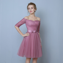 Bridesmaid dress short section 22 autumn and winter new bean paste dress one word shoulder small dress sister skirt short skirt evening dress