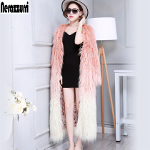 European station Beach wool coat womens winter long fashion gradient long sleeve V collar long wool imitation fur coat