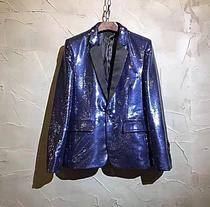 Male singer DJ nightclub guest host hair stylist model royal blue colorful suit suit suit costume dress