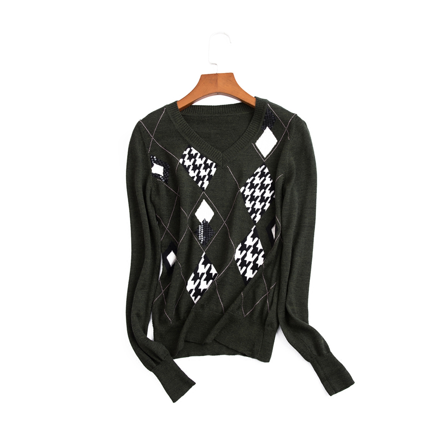 1折 2018秋冬款 慕t丽 简约v领菱形图案钉亮片针织上衣mm718616_7折