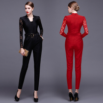 Ice silk autumn and spring new womens fashion V-neck loose thin jumpsuit trousers Lace long-sleeved red jumpsuit
