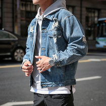 Spring and autumn new mens jacket perforated loose denim jacket male Korean version of trendy mens jacket youth denim jacket