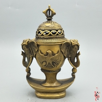 Antique brass elephant head incense burner Sun God incense burner copper elephant smoke stove incense crafts bronze ware ornaments