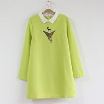 Solid and delicate embroidery little deer Peter Pan turns up straight and long sleeves dress 2022 Spring new temperament commute