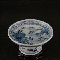 Jingdezhen imitation Qing porcelain blue and white (lotus pond autumn) high foot melon and fruit plate vintage ornaments collection of antiques