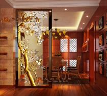 New entrance art glass Modern simple glass entry living room partition deep carved gold and silver fruit