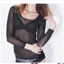 Stretch sexy ultra-thin lace double mesh base shirt white long sleeve low collar women big round neck autumn T-shirt shirt