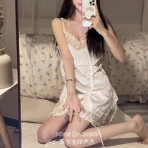 Japanese gp ice silk sling V-neck nightgown women Summer drawstring fold lace split sexy bottom skirt