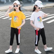 Girls summer clothes foreign style suit 2021 new net red summer short-sleeved childrens three-point pants childrens two-piece suit