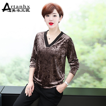 High-end gold velvet top women's v-neck spring autumn thin 2022 new loose women's casual bottoming shirt long sleeve t-shirt