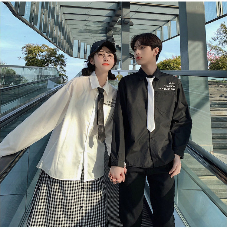 实拍 纯棉学院风领带衬衫男女学生jk黑白色长袖衬衣班服