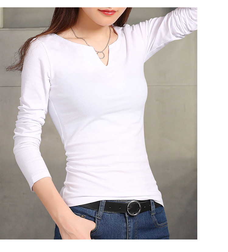 2018秋季新款黑色打底衫女长袖t恤修身百搭小v领上衣韩版纯棉体恤