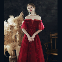 Toast clothing bride wedding 2022 new summer red one-shoulder engagement evening dress temperament thin female long skirt